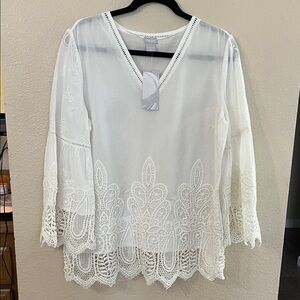 Chico's Cream Ladder Trim V-Neck Top